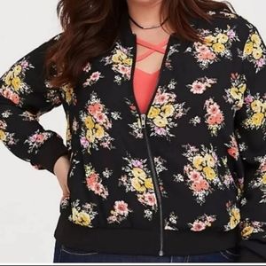 Torrid Womens Black Floral Twill Bomber Jacket Size 3X Zip Front Pockets